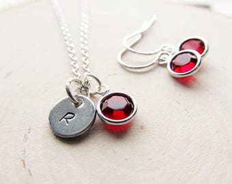 January Birthstone Jewelry Set, Silver Garnet Necklace and Earring Set, Red Crystal and Initial Charm, January Birthday Present for Her