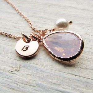 Rose Gold Opal Necklace, Personalized October Birthstone Jewelry, Round Initial Disc, Birth Stone, Pearl Charm, Custom Birthday Gift for Her image 4