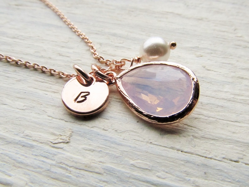 Rose Gold Opal Necklace, Personalized October Birthstone Jewelry, Round Initial Disc, Birth Stone, Pearl Charm, Custom Birthday Gift for Her image 4