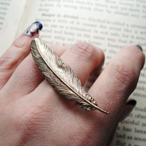 Two Finger Ring, Feather in Antiqued Brass, Double Finger, Statement Jewelry