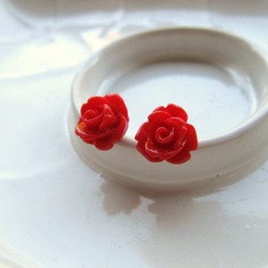 Red Rose Earrings, Crimson Flowers on Stainless Steel Posts, Stud Earrings, Rose Jewelry, Valentine Earrings, Valentine&#39;s Day Jewelry