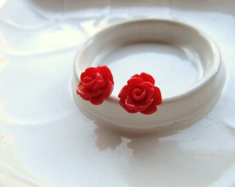 Red Rose Earrings, Crimson Flowers on Stainless Steel Posts, Stud Earrings, Rose Jewelry, Valentine Earrings, Valentine's Day Jewelry