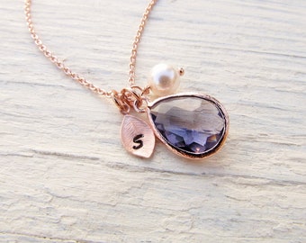 Rose Gold Amethyst Necklace, Personalized Rosegold Jewelry with Initial Birthstone Pearl Charm, Custom February Birthday Gift for Her Girls