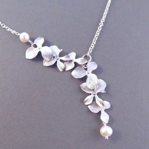 Bridesmaid Necklace, Silver Orchid Flowers with Freshwater Pearls, Bridal, Wedding Jewelry, Lariat Style Necklace