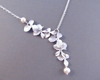 Bridesmaid Necklace, Silver Orchid Flowers with Freshwater Pearls, Bridal, Wedding Jewelry, Lariat Style Necklace