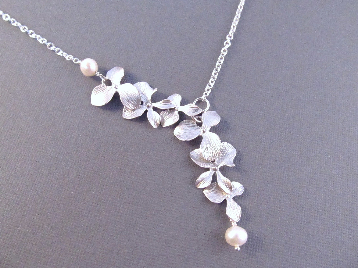 Bridesmaid Necklace, Silver Orchid Flowers with Freshwater Pearls, Bridal, Wedding Jewelry, Lariat Style Necklace
