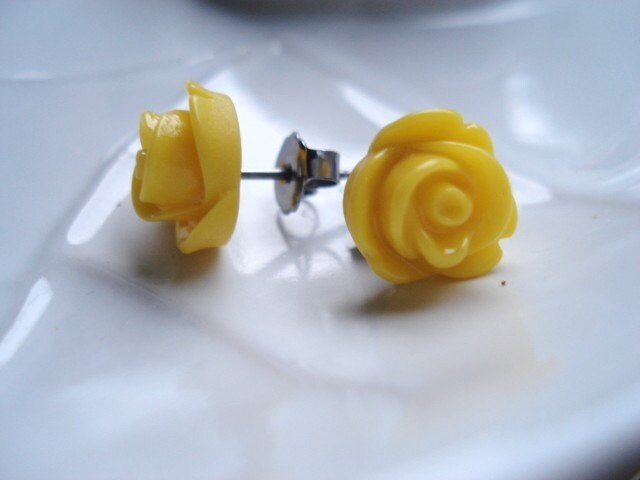 Yellow Rose Earrings Flowers on Stainless Steel Posts Rose Jewelry Flower Jewelry Post Earrings Stud Earrings