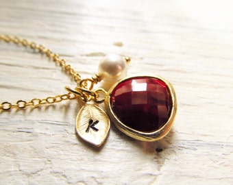 Garnet Necklace, Gold January Birthstone, Leaf Initial, Jewel, Pearl, Gold Birthstone Jewelry, January Birthday, Garnet Jewelry Gift for Her