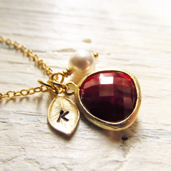 Garnet Necklace, Gold January Birthstone, Leaf Initial, Jewel, Pearl, Gold Birthstone Jewelry, January Birthday, Garnet Jewelry Gift for Her