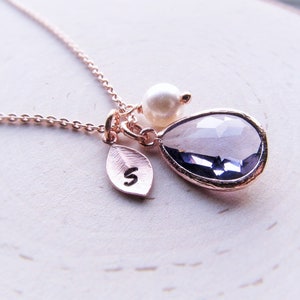 Amethyst Jewelry Set in Rose Gold, Initial Birthstone Necklace and Earrings in Rosegold, Personalized February Birthday Gift for Women Girls image 6