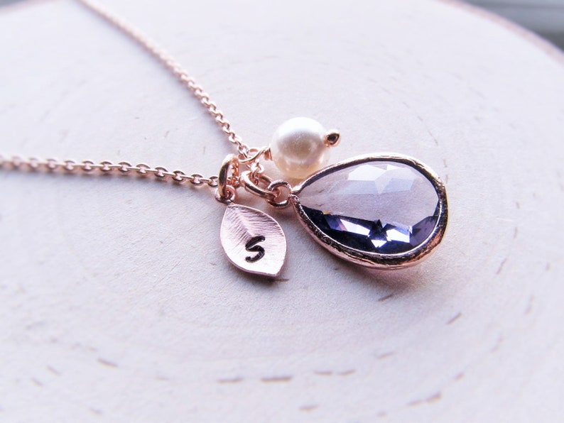 Amethyst Jewelry Set in Rose Gold, Initial Birthstone Necklace and Earrings in Rosegold, Personalized February Birthday Gift for Women Girls image 6