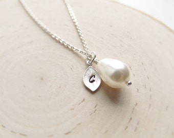 Personalized Silver Teardrop Pearl Necklace with Initial Charm, Custom Color Bridal Party or Wedding Jewelry, Gift for Bridesmaids, Women