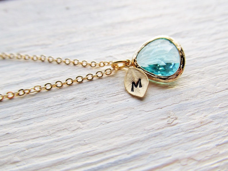 Gold Aquamarine Necklace, Initial March Birthstone Jewelry, Personalized March Birthday Gifts, Aquamarine Jewelry Gift for Women Her Girls image 4