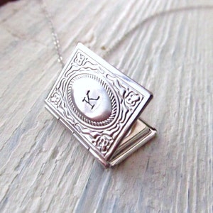 Book Lover Gift, Personalized Silver Locket Necklace with Initial, Miniature Book Necklace, Gift for Graduation or Book Club, Graduate image 2