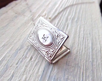 Personalized Locket Necklace, Silver Book Locket with Initial, Personalized Necklace, Miniature Book Necklace, Engraved, Graduation Gift