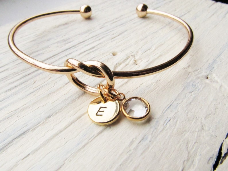 Gold Knot Bracelet, Women's Personalized Bangle with Initial and Birthstone Charms, Birth Stone Jewelry Gift for Woman, Her, Girlfriend image 4