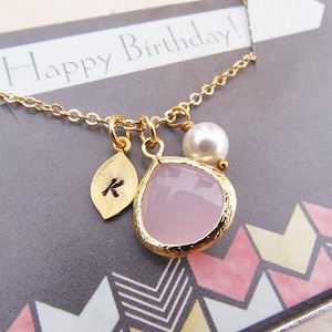 Birthday Gift for Her, Birthstone Necklace with Card, You Choose Color and Initial, Gold Birthstone Jewelry, Personalized Gift for Women