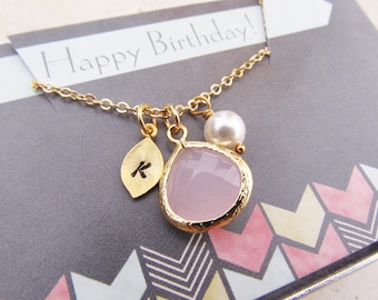 Birthday Gift for Her, Birthstone Necklace with Card, You Choose Color and Initial, Gold Birthstone Jewelry, Personalized Gift for Women