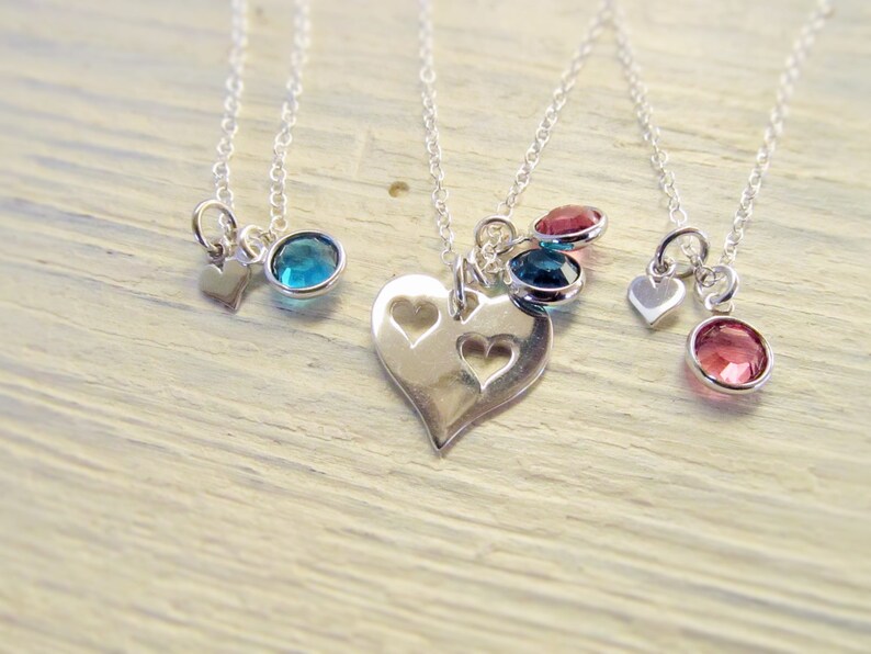 Mom and Daughters Personalized Sterling Silver Heart Necklace Set of 3 Mother Daughter Necklaces with Birthstones Mother Daughters Gift