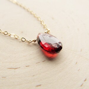 May include: A delicate gold chain necklace with a single, faceted, red gemstone pendant.