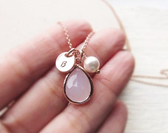 Pink Opal in Rose Gold with Disc Initial and Pearl, Personalized Necklace for October Birthday Gifts, Custom October Birthstone Jewelry