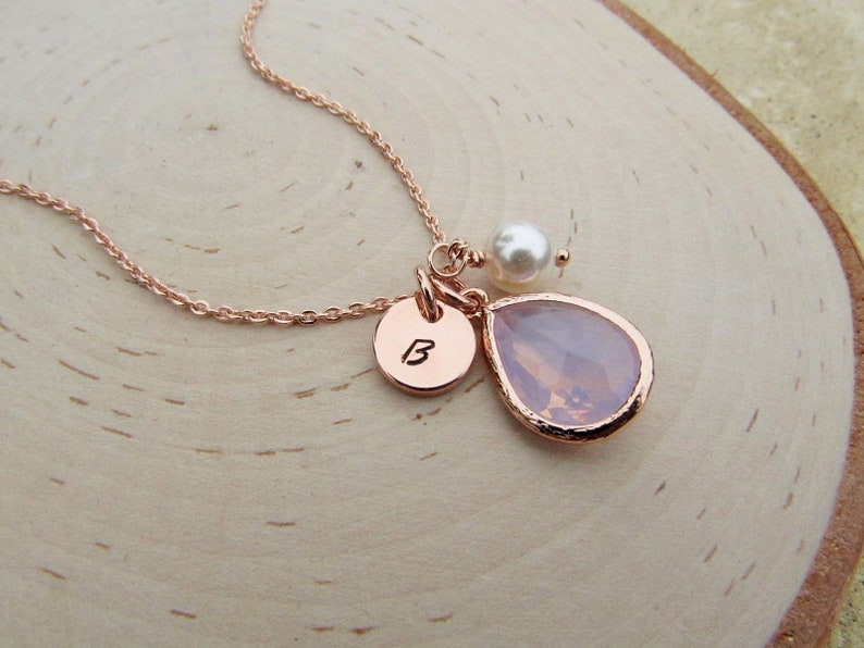 Rose Gold Opal Necklace, Personalized October Birthstone Jewelry, Round Initial Disc, Birth Stone, Pearl Charm, Custom Birthday Gift for Her image 5