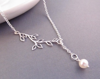 Branch and Pearl Necklace, Silver Lariat, Pearl Bridesmaid Necklace, Bridesmaid Gift, Wedding Jewelry, Pearl Jewelry, Branch Lariat Necklace