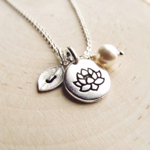 Lotus Flower Jewelry Personalized with Leaf Initial and Pearl, Lotus Flower Necklace, Spiritual Jewelry, Meditation Necklace, Yoga Gifts