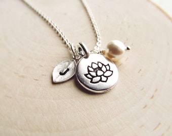 Lotus Flower Jewelry Personalized with Leaf Initial and Pearl, Lotus Flower Necklace, Spiritual Jewelry, Meditation Necklace, Yoga Gifts