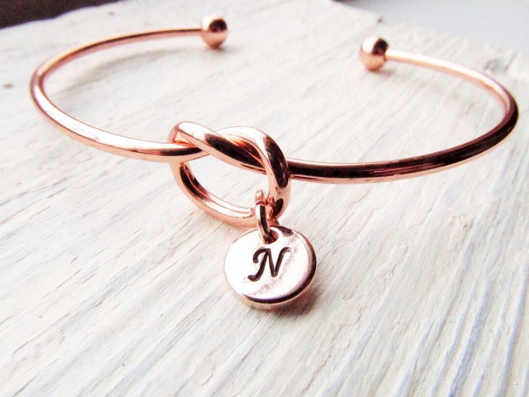 Rose Gold Knot Bangle Bracelet, Initial Charm Bracelets for Women