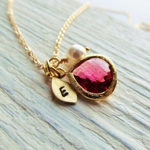 Ruby Necklace Gold, July Birthstone Necklace, Leaf Initial Necklace, Gold Birthstone Jewelry, July Birthday Gift, Simulated Ruby Jewelry