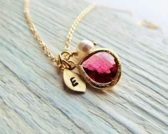 Ruby Necklace Gold, July Birthstone Necklace, Leaf Initial Necklace, Gold Birthstone Jewelry, July Birthday Gift, Simulated Ruby Jewelry