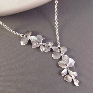 Flower Necklace, Silver Asymmetric Orchid Lariat, Bridesmaid Necklace, Wedding Jewelry, Bridal Jewelry image 2