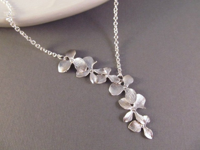 Flower Necklace, Silver Asymmetric Orchid Lariat, Bridesmaid Necklace, Wedding Jewelry, Bridal Jewelry image 2