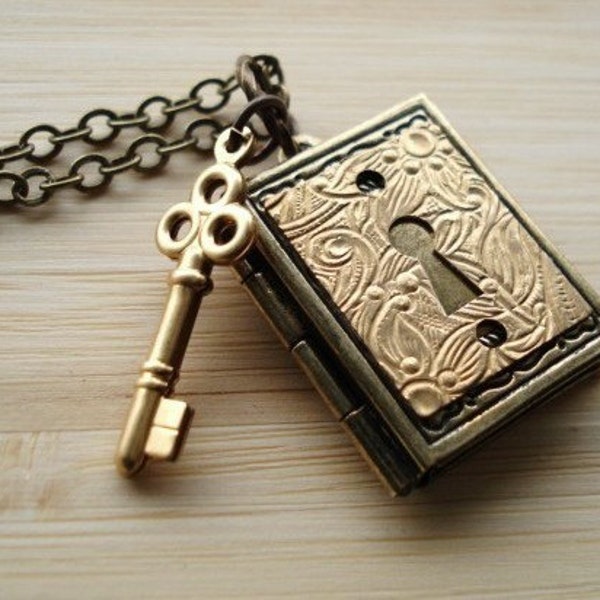 Book Locket Necklace, Antiqued Brass,  Keyhole, Skeleton Key, Pendant Necklace, Steampunk Jewelry