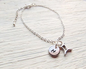 Silver Zodiac Bracelet with Initial Charm, Personalized Astrology Jewelry in all 12 Zodiac Signs, Celestial Customized Birthday Gift for Her