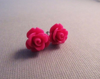 Hot Pink Rose Earrings, Fuchsia Flowers on Stainless Steel Posts, Stud Earrings, Rose Jewelry