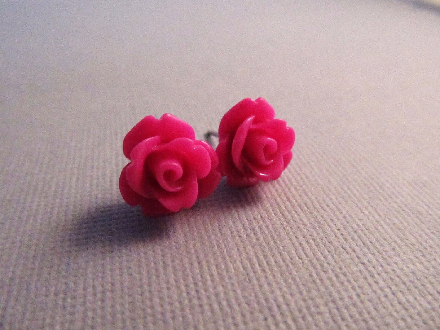 Hot Pink Rose Earrings Fuchsia Flowers on Stainless Steel | Etsy