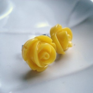 Yellow Rose Earrings, Flowers on Stainless Steel Posts, Stud Earrings, Flower Jewelry, Rose Jewelry, Post Earrings