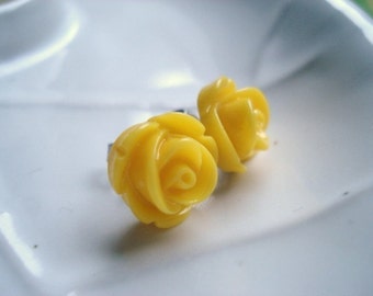 Yellow Rose Earrings, Flowers on Stainless Steel Posts, Stud Earrings, Flower Jewelry, Rose Jewelry, Post Earrings