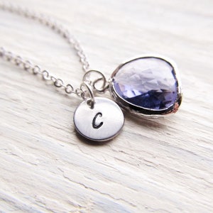 Amethyst Pendant with Initial, Silver Amethyst Necklace, February Birthstone Gift for Her, Personalized February Birthday Jewelry, Purple image 2