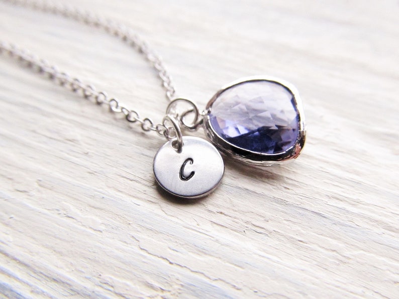 Amethyst Pendant with Initial, Silver Amethyst Necklace, February Birthstone Gift for Her, Personalized February Birthday Jewelry, Purple image 2