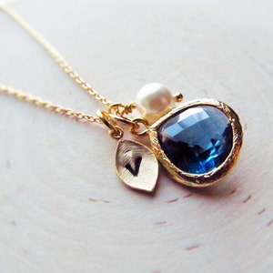 Sapphire Necklace, September Birthstone Necklace, Gold Leaf with Initial, Jewel, and Pearl, Gold Birthstone Jewelry, September Birthday Gift