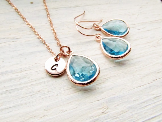March Birthstone Jewelry Set in Rose Gold Aquamarine Necklace and