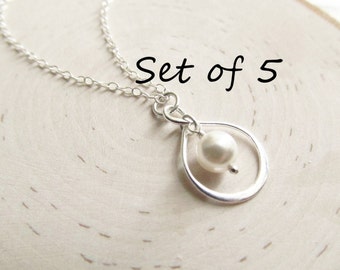 Bridesmaid Necklace Gift Set of 5, Silver Infinity Necklace, Solid Sterling Silver with Pearl, Pearl Bridesmaid Necklace, You Choose Color