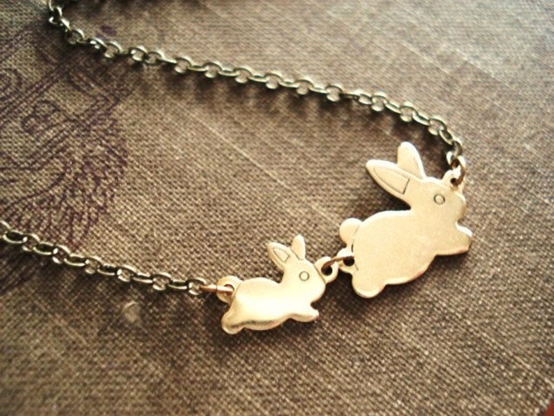 Bunny Necklace, Rabbit Necklace in Brass, Mother and Child Necklace for 1-6 Kids, Mom and Baby Jewelry, Rabbit Jewelry, Easter Necklace image 1