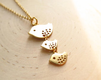 Gold Mom and Baby Bird Necklace, Mother Bird Jewelry for 1, 2, 3 Kids, Gift for New Mom Mommy from Children, Mama and Little Birds, Twins