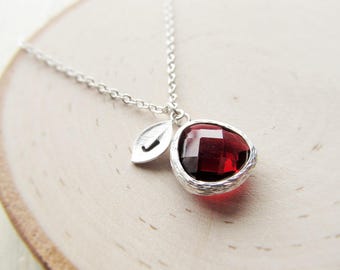 Silver Garnet Necklace, January Birthstone Initial Charm Necklace, Personalized Birthstone Jewelry for January, Birthday Gift for Her Custom