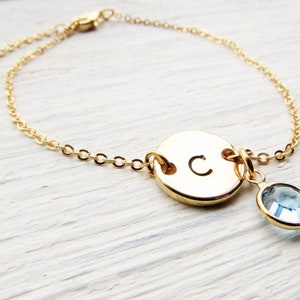 Gold Initial Birthstone Bracelet, Round Disc Coin with Letter and Birth Stone Charm, Jewelry Gift Ideas for Birthday, Stacking Bracelets