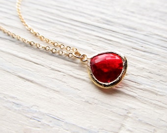 Garnet Pendant, Gold January Necklace, Red Birthstone for January Birthday Gift, January Birthstone Charm, Siam Red Gem, January Baby Gift